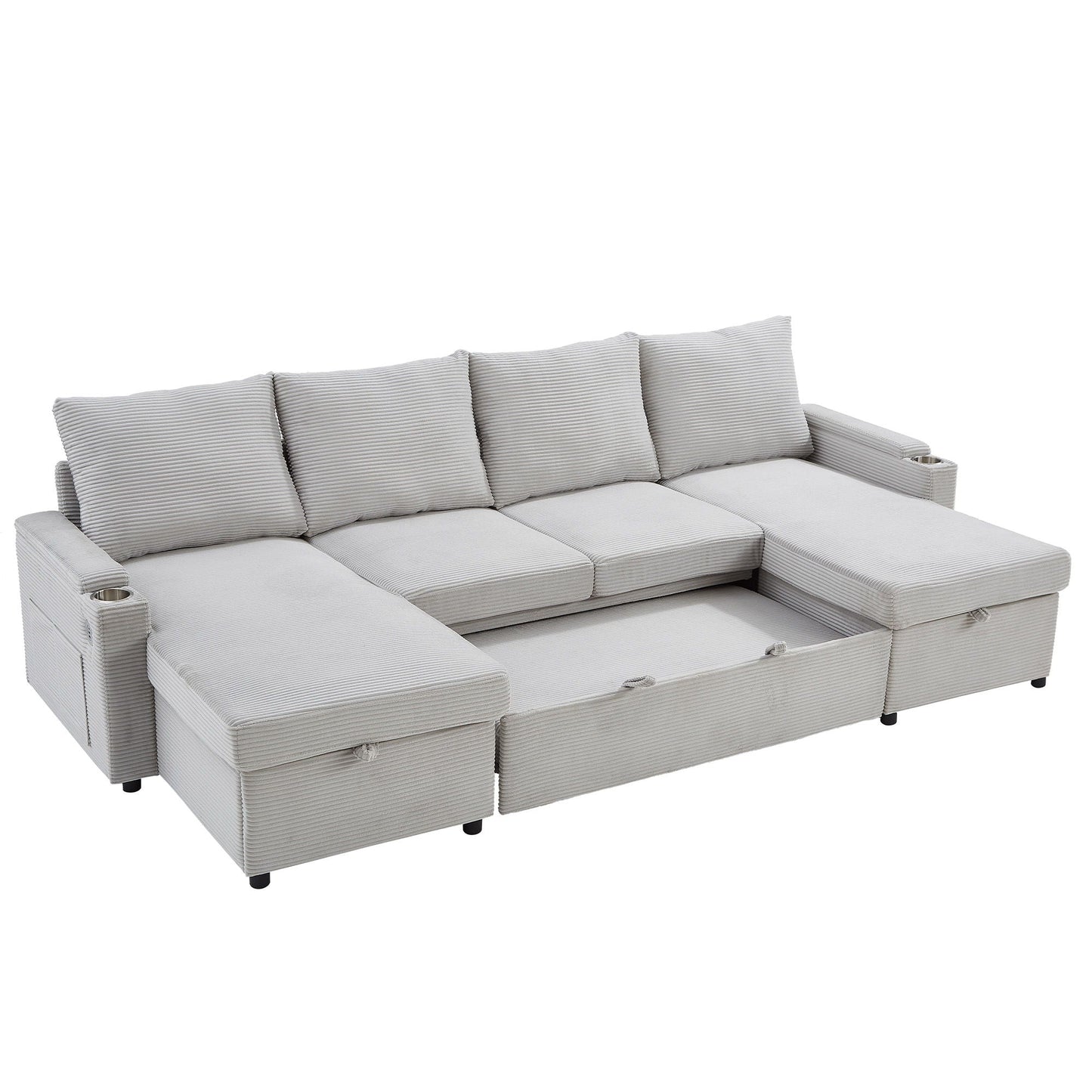 U Shaped Sectional Sofa Bed With Storage Chaise Lounges, USB Ports, And Cup Holders