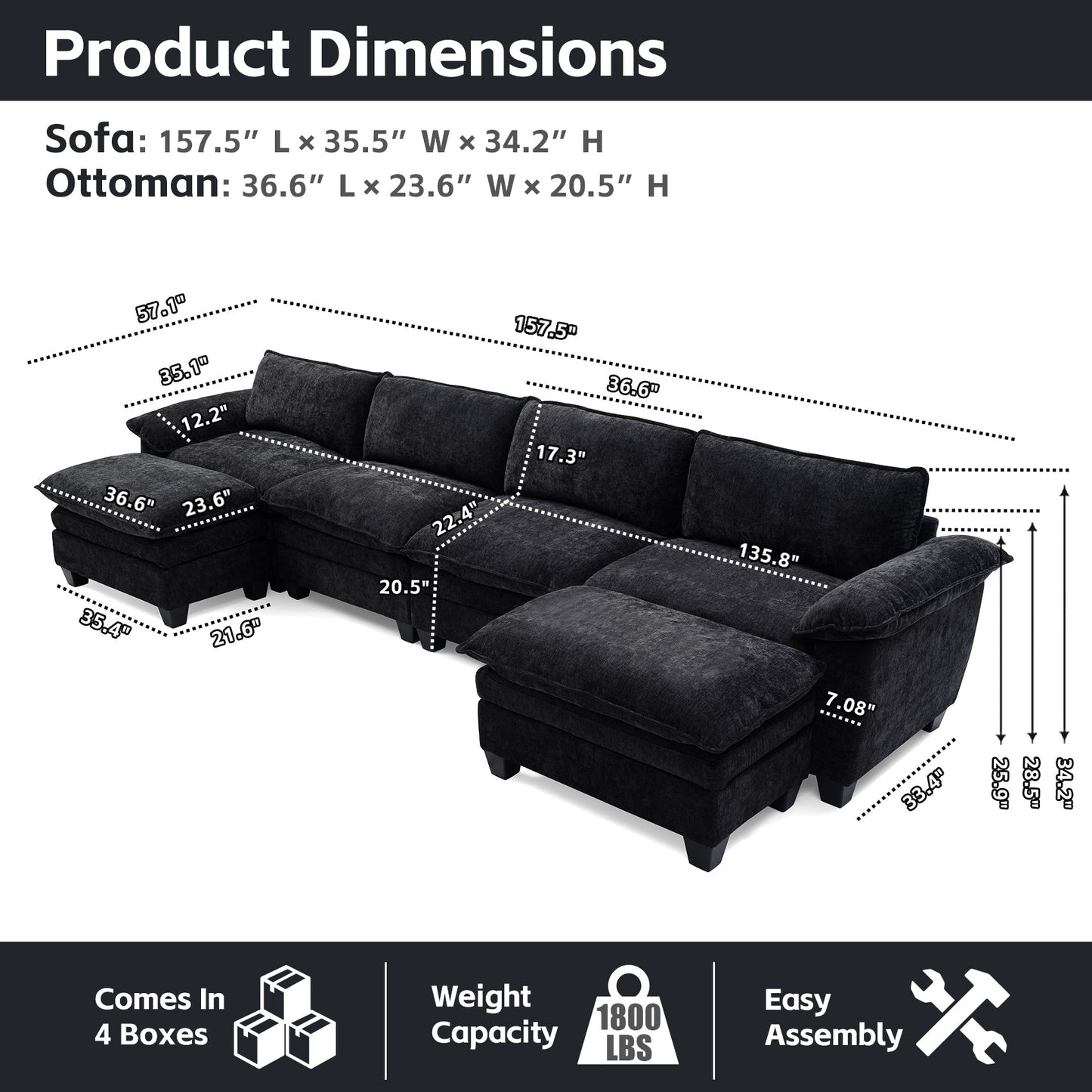 Luxury Chenille Upholstered U Shape Sofa with Two Ottomans