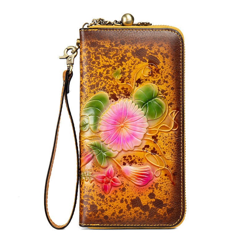 Genuine Leather Long Wallet Bag Hand-Painted Finish Zipper Closure Full-Grain Cowhide Clutch