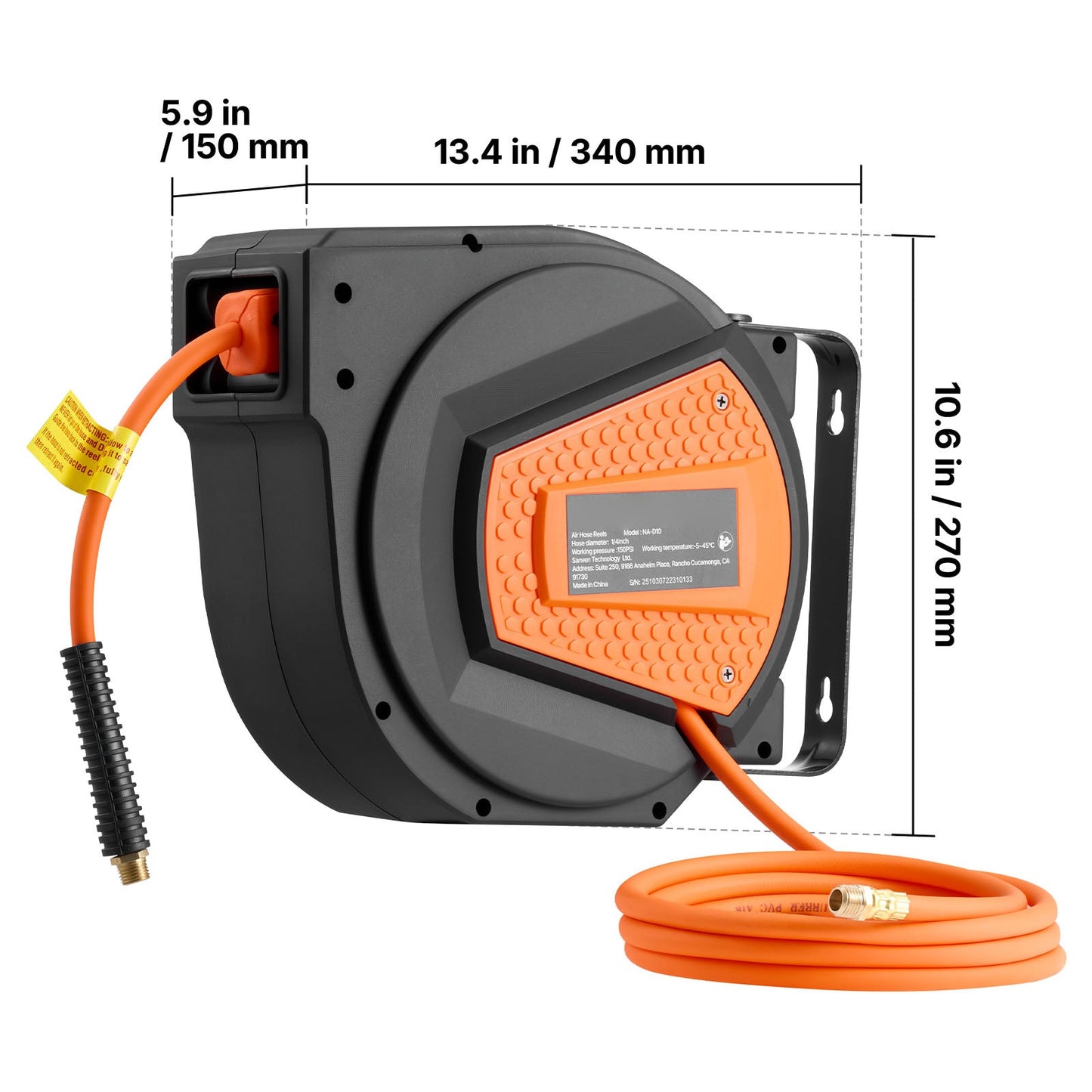 Retractable Air Hose Reel, 1/4 Inch x 50 FT Hybrid Air Hose Max 300PSI