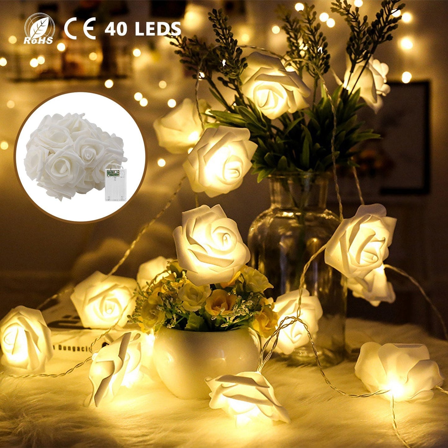 40 LEDs Rose Flower String Lights 10ft/3m Battery Operated Decorative Lights for Anniversary Valentine\'s Wedding Bedroom