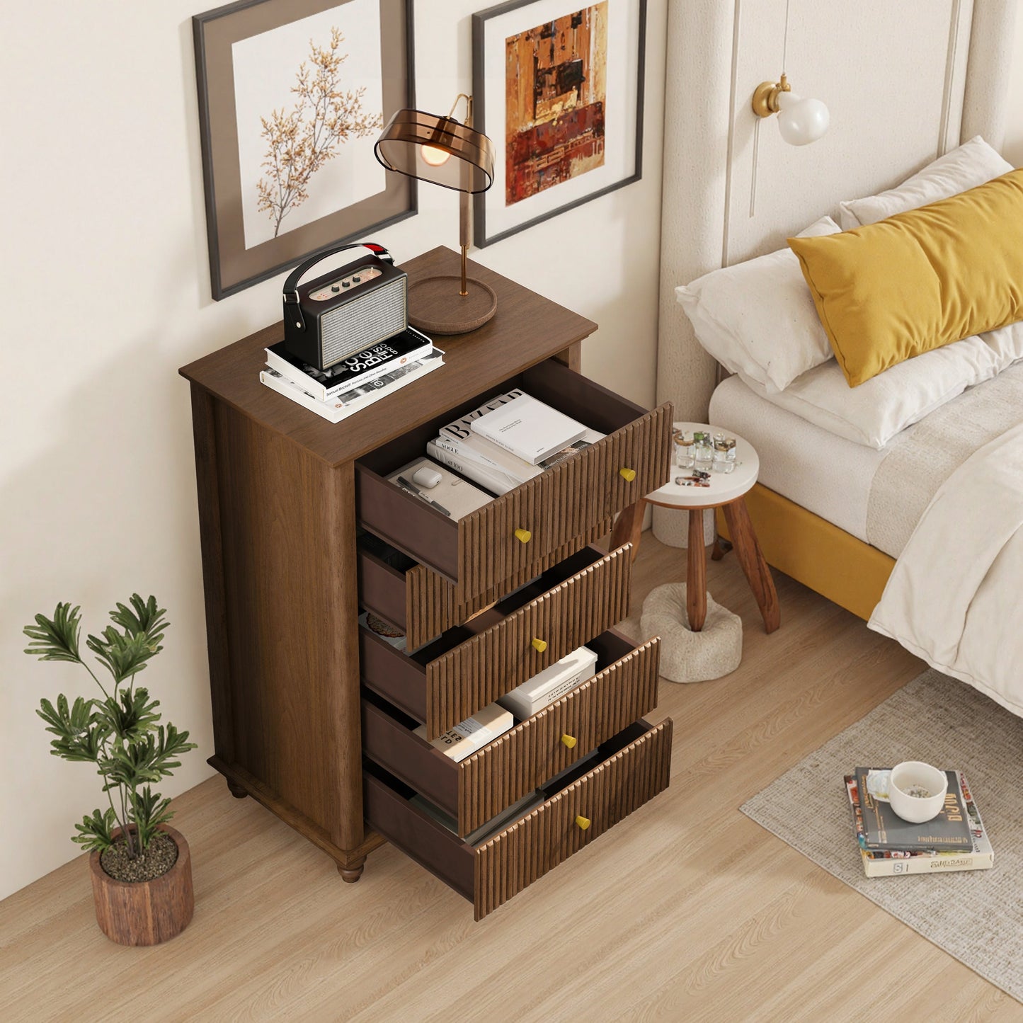 Fluted 5 Drawer Dresser, 45 Inch Tall Modern Chest of Drawers