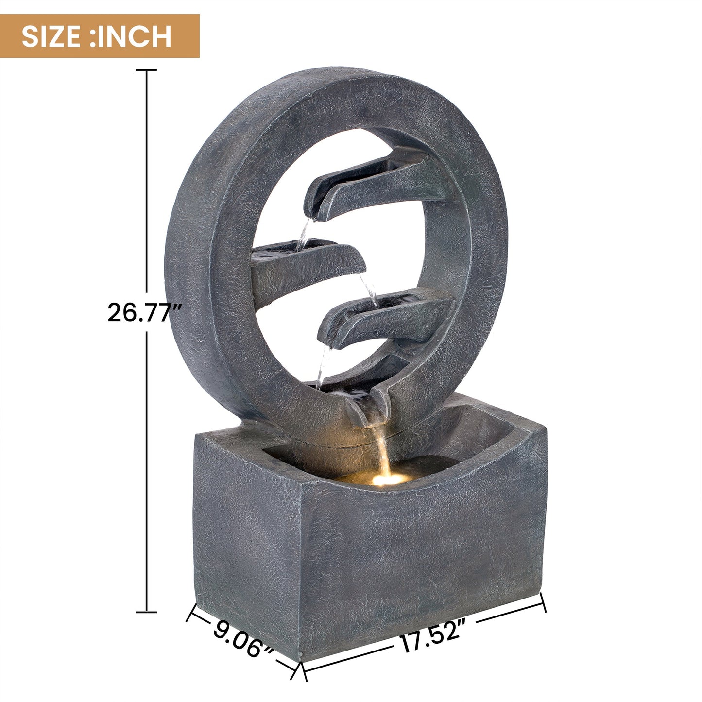26.77'H Gray Circular Polyresin Outdoor Water Fountain with LED Light