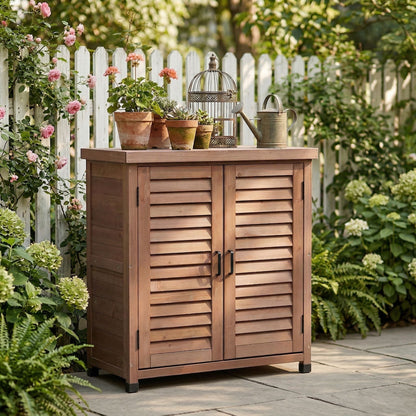 Potting Bench With Storage Cabinet And Metal Table Top For Outdoor