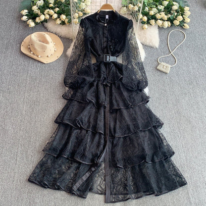 Lace Floral Mandarin Collar Long Sleeve Dress – Women's Early Fall Socialite Tie-Waist Slim-Fit Midi