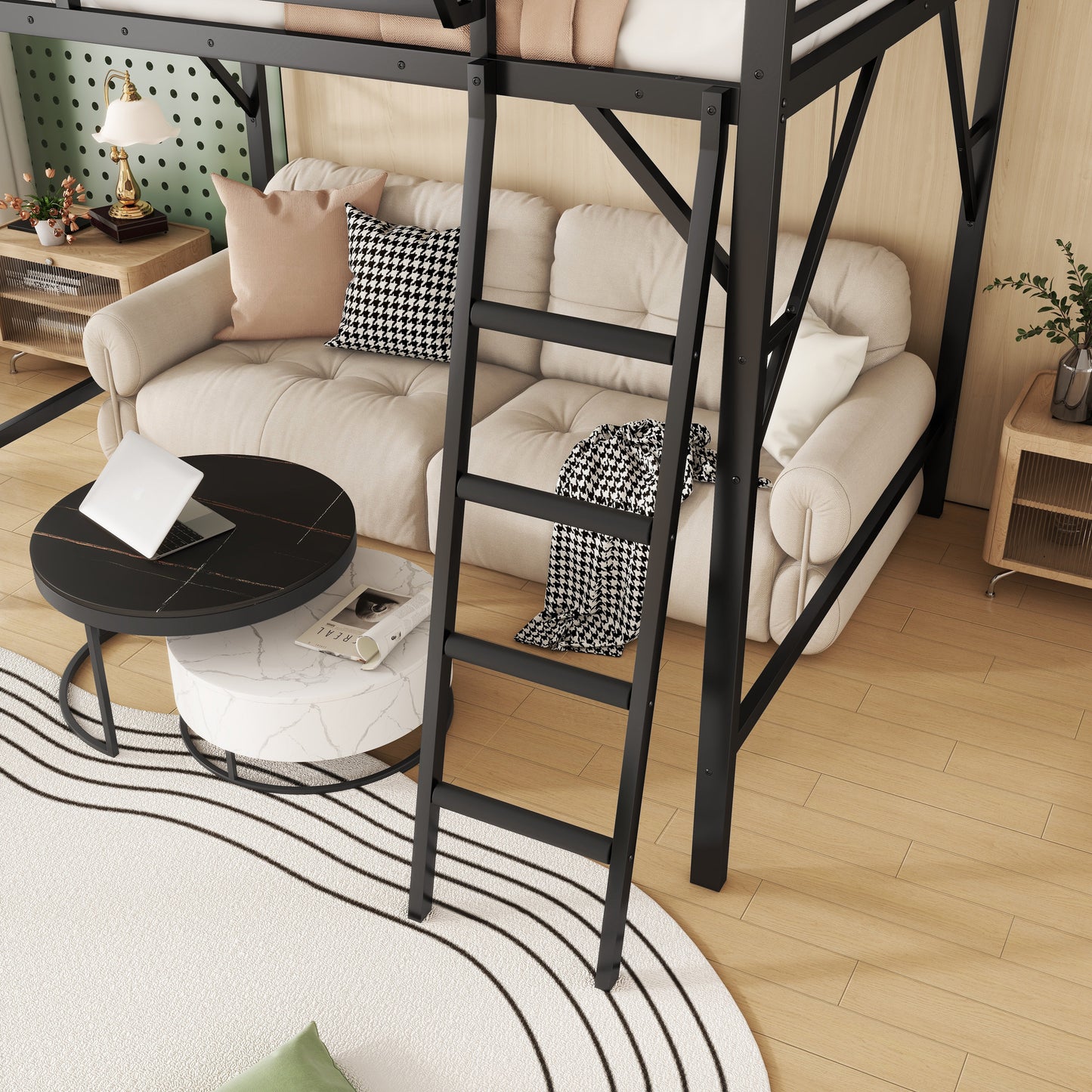 Full Size Loft Bed with Ladder and Storage Shelves