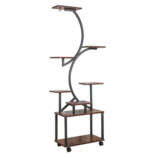 8 Tier Indoor Plant Stand With Grow Lights, S Shaped Metal Shelf For Multiple Plants - Black / Dark Walnut