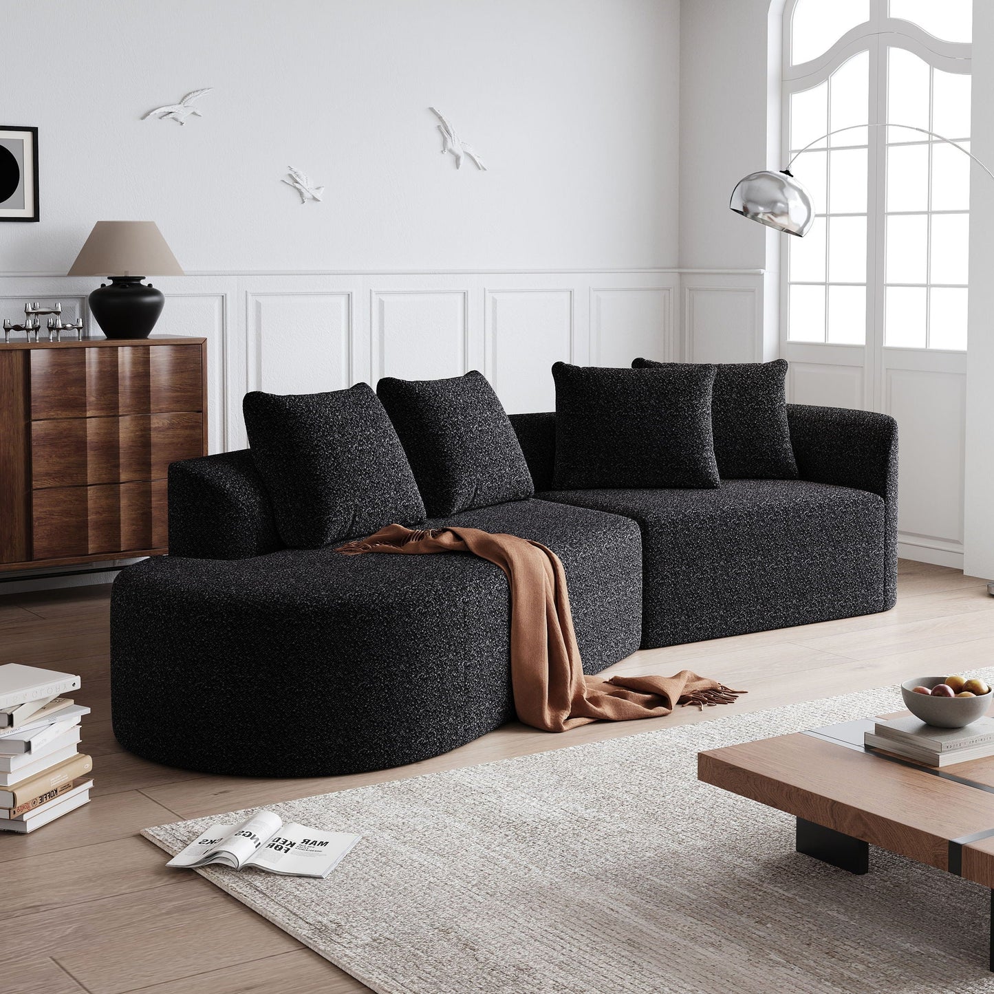 Upholstered Oversized Sectional Sofa, 4 Seater Extra Deep & Wide Seat Curved Cloud Couch With 4 Throw Pillows, Free Combination Living Room - Black