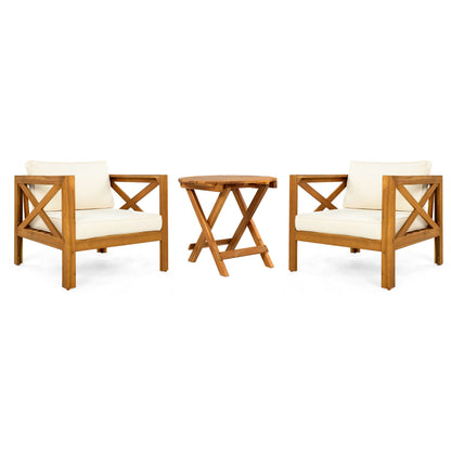 Patio Conversation Set with Foldable Acacia Wood Side Table and Cushions