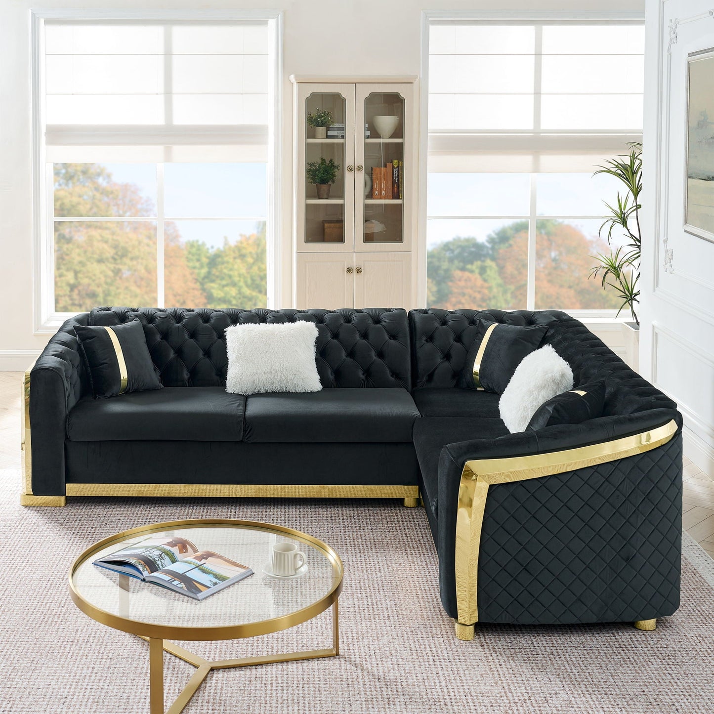 L Shaped Chesterfield Sectional Sofa With Stainless Steel Accents