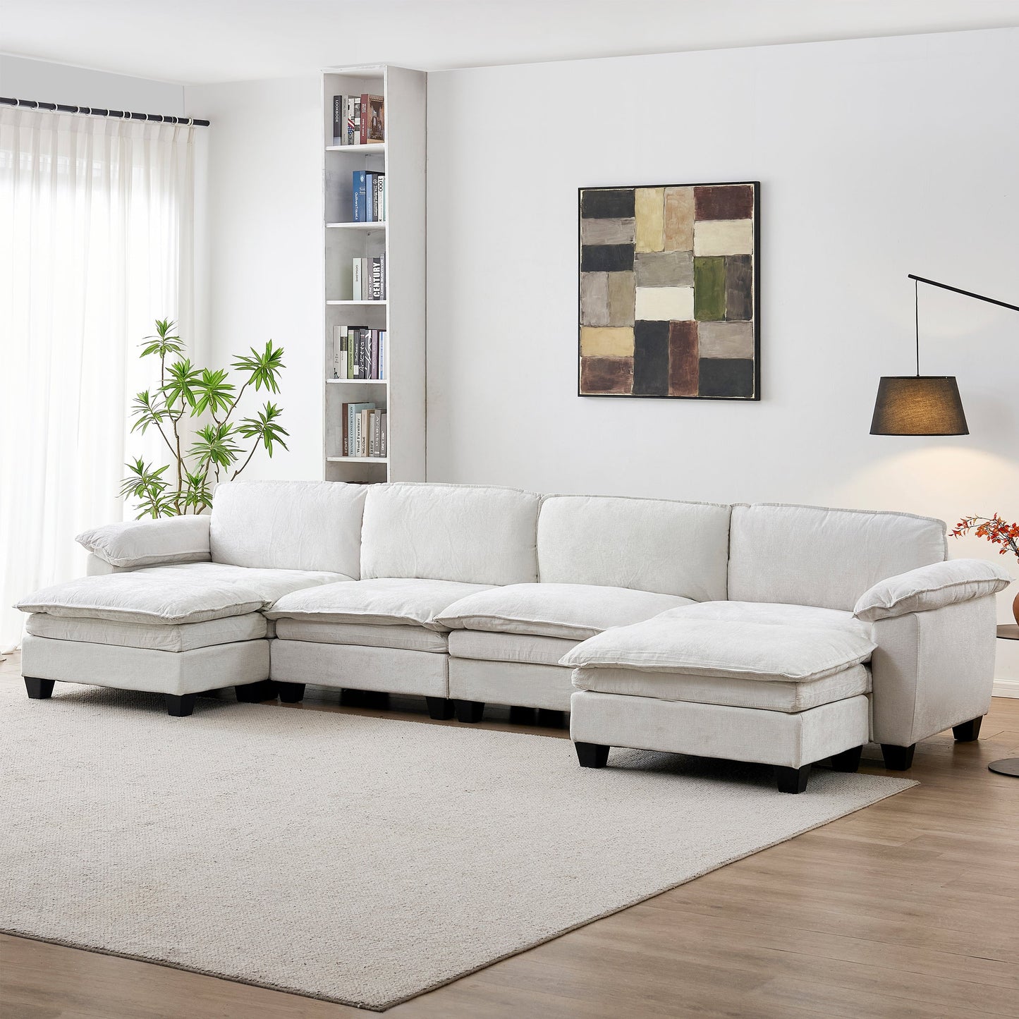 Living Room Furniture Sofa Luxury Couch Four Seater with Two Ottomans Soft Chenille Upholstered U Shape Sofa