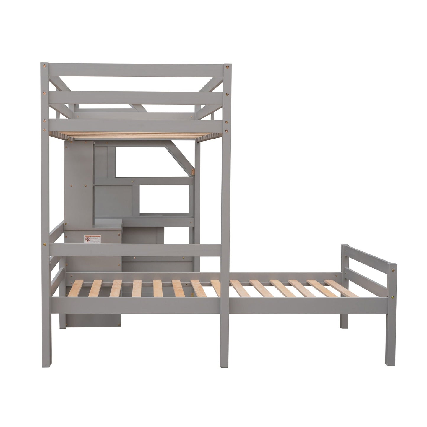 Loft Bed With Stand Alone Bed, Storage Staircase, Desk, Shelves, And Drawers