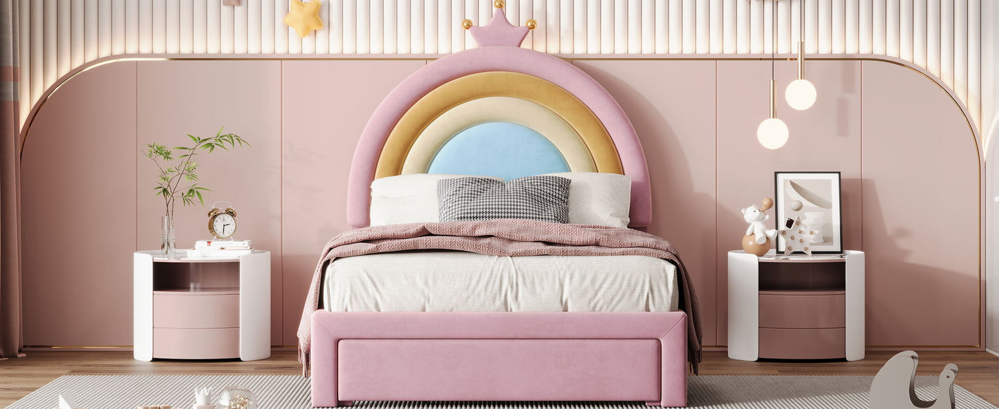 Upholstered Rainbow Design Bed, Princess Platform Bed With Storage Drawer