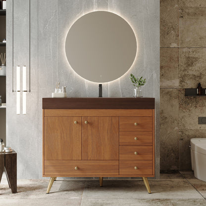 36" Freestanding Bathroom Vanity with Faux Marble Top, Ceramic Sink, 5 Drawers & Stainless Steel Legs