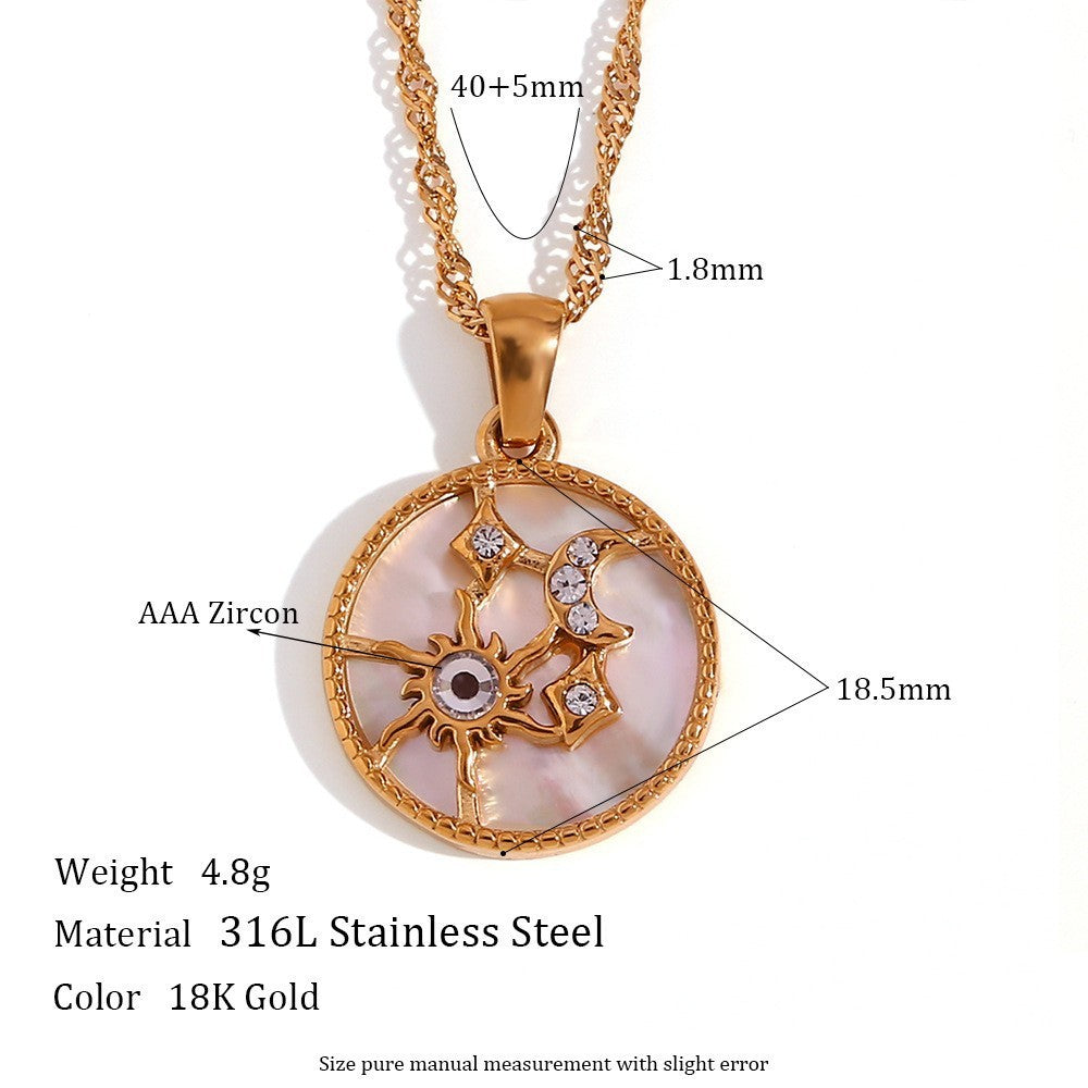 Aura Gold Celestial Moon & Star Disc Necklace | Vintage Titanium Stainless Steel Medallion | Retro Sun & Moon Crystal Charm Jewelry