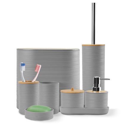 8Pcs Bathroom Accessories Set Bathroom Holder Set with Soap Dispenser Toothbrush Holder Cup Soap Dish Toilet Cleaning Brush Trash Can Qtip Holder Vani
