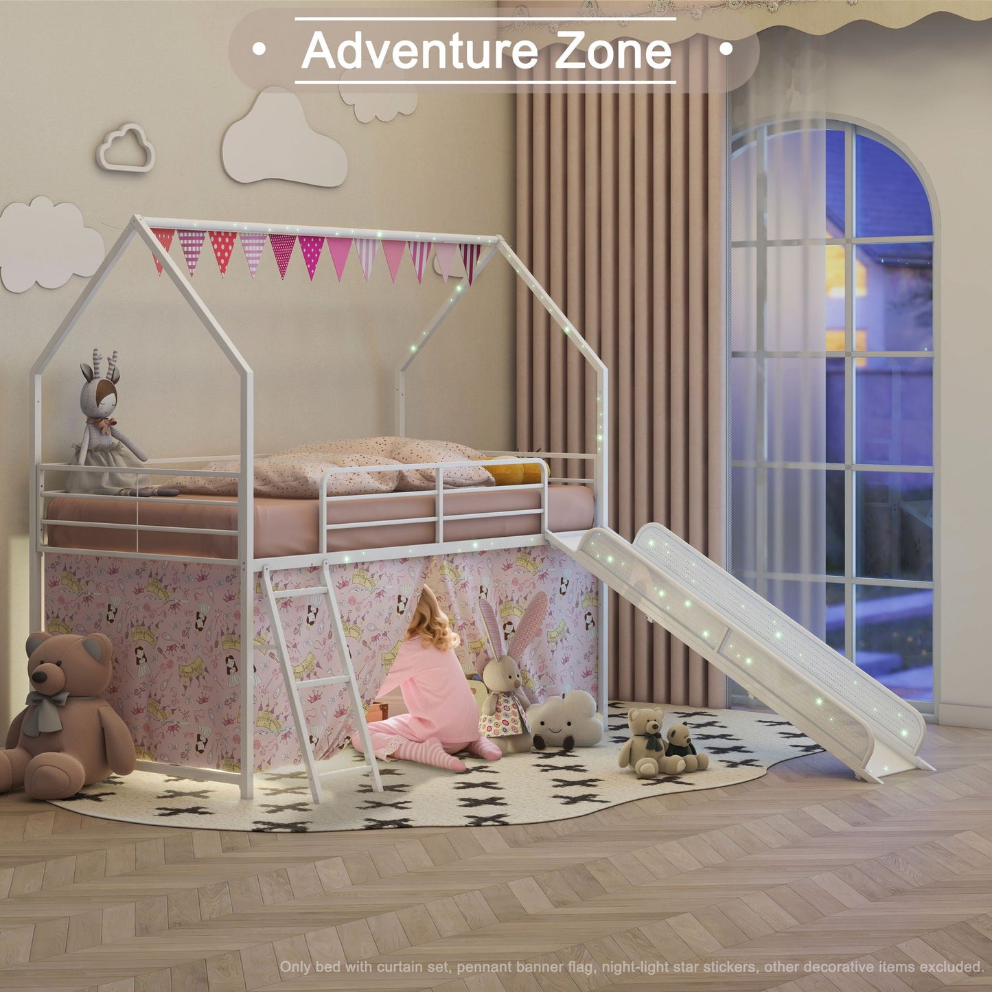 Jack - House Loft Bed With Slide And Curtain Set