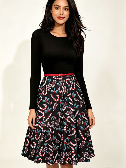 Cross-border Printed Dress With Round Neck And Long Sleeves, Christmas Cane Pattern, Slim Fit, Amazon Women's Clothing, Autumn Bestseller