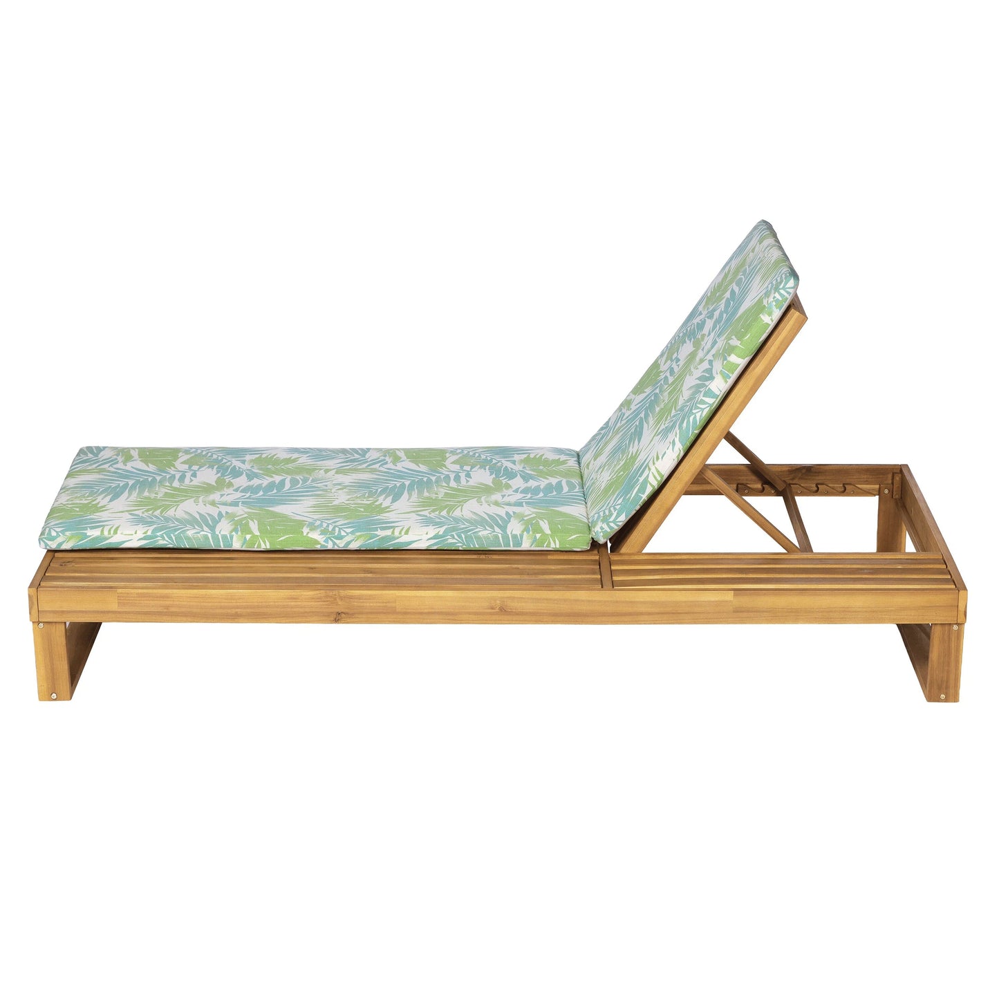 Teak Finish Acacia Wood Chaise Lounge with Leaf Coconut Cushion