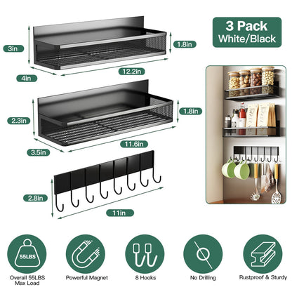3 Pack Strong Magnetic Spice Rack with 8 Hooks Fridge Oven Microwave Magnetic Storage Shelves Seasoning Holder Organizer for Jars Seasoning Tins Utens