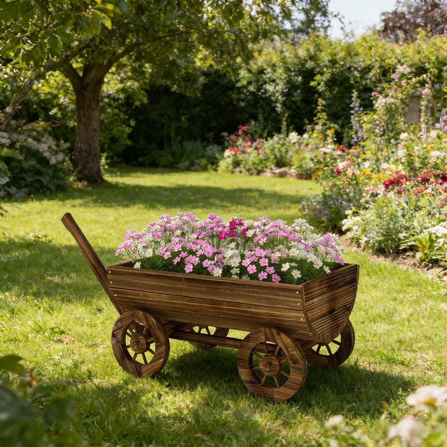 Small Wheelbarrow Wagon Flower Cart Wooden Mobile Garden Planter