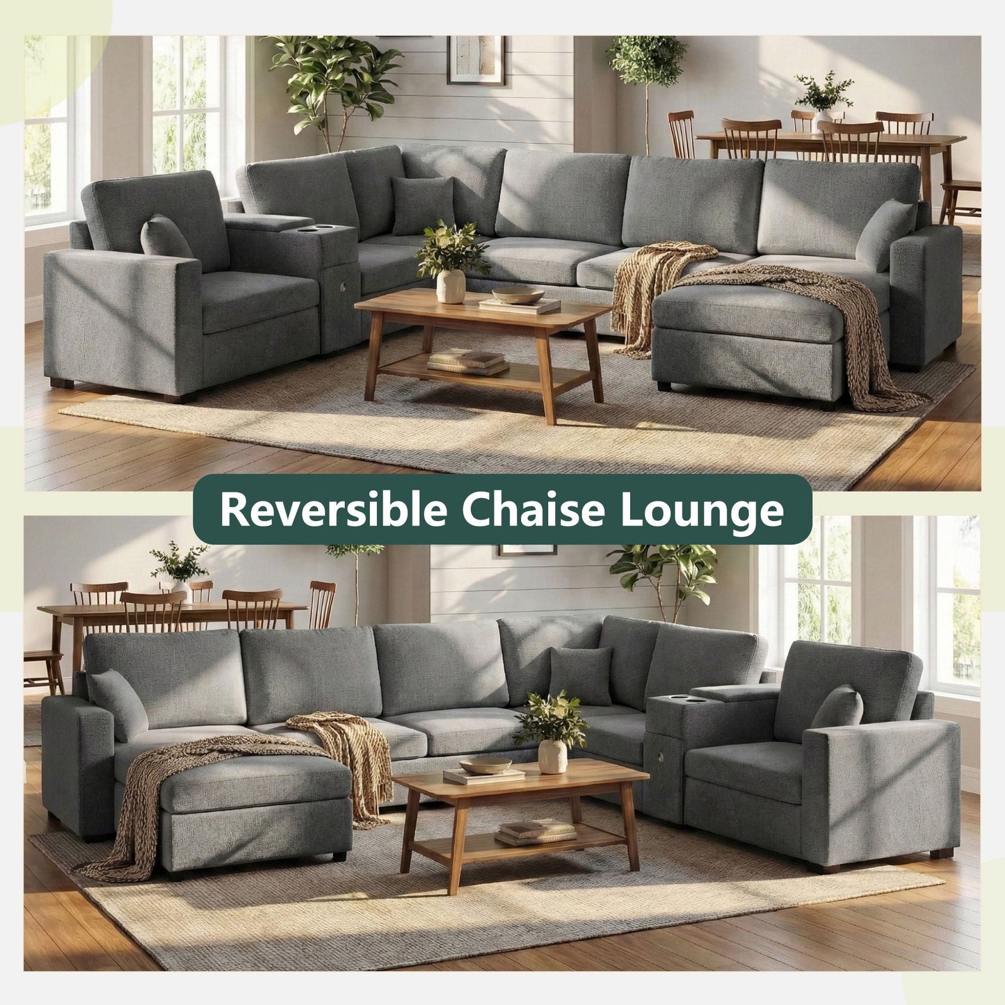 Modular 5 Seat U-Shape Sectional Sofa With Chaise Lounge, Built In Cup Holders And Storage Drawer