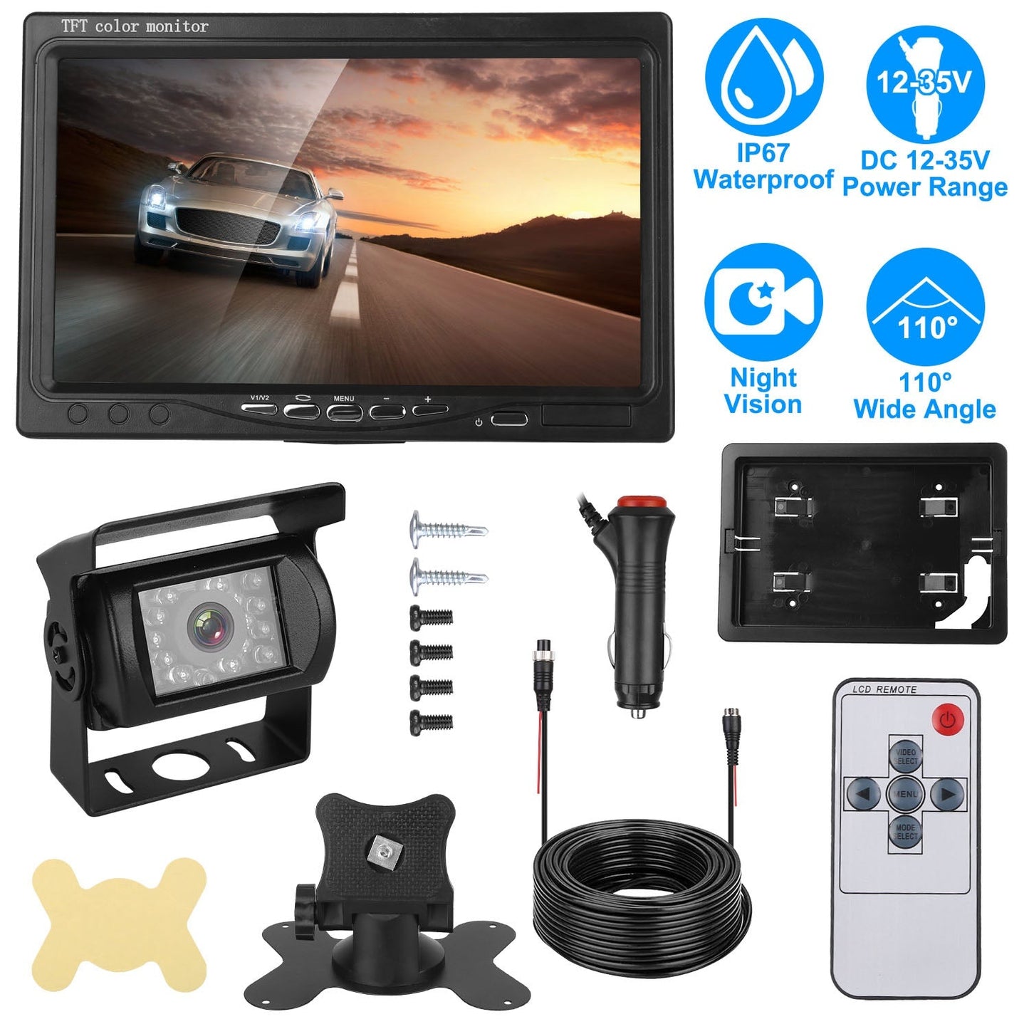 7In Screen Backup Camera System Vehicle Rear View Monitor Kit IP67 Waterproof Car Parking Reverse System with Night Vision for Car Trunk Van SUV