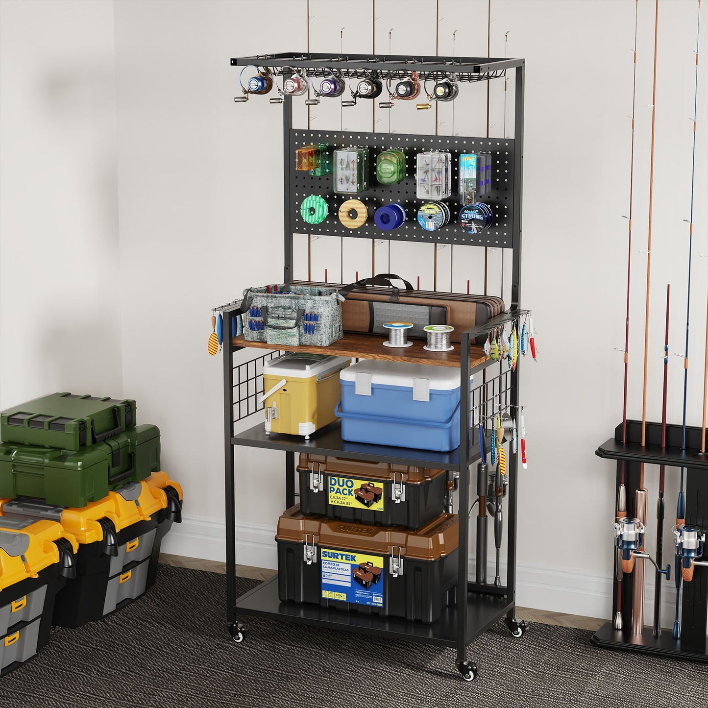 Fishing Rod Storage Rack With Pegboard, Rolling Tackle Organizer Cart - Black