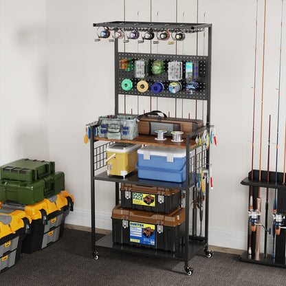 Fishing Rod Storage Rack With Pegboard, Rolling Tackle Organizer Cart - Black