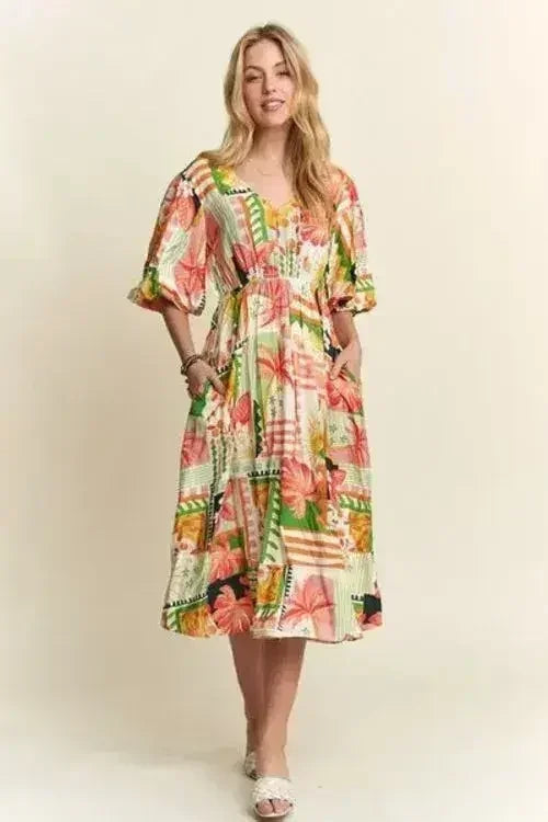 Floral V-Neck Puff Sleeve Summer Midi Dress – femstylo