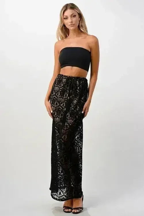 Sheer Lace Maxi Skirt - Drawstring Waist & Bow | Femstylo