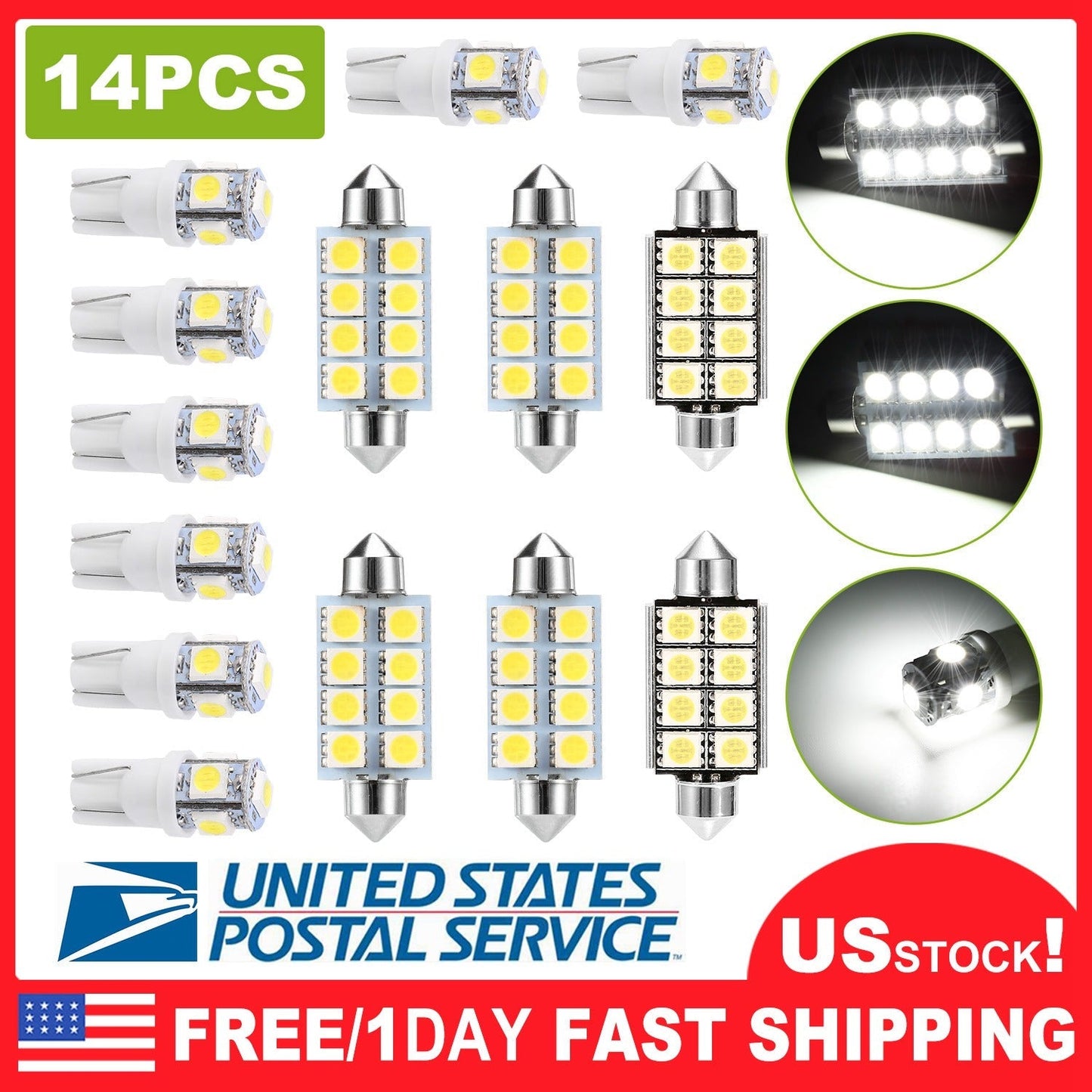 14Pcs T10 41mm Festoon LED Light Bulb Interior Dome Map LED Lights License Plate Trunk Side Positioning Lights 6000K White