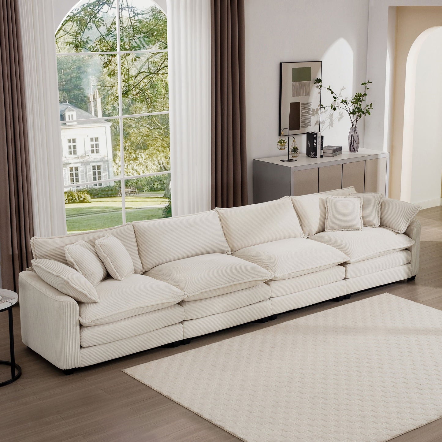 Modern Upholstered 4 Seater Fabric Sofa With Arm And Throw Pillows