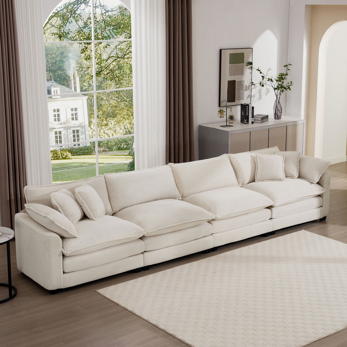 Modern Upholstered 4 Seater Fabric Sofa With Arm And Throw Pillows