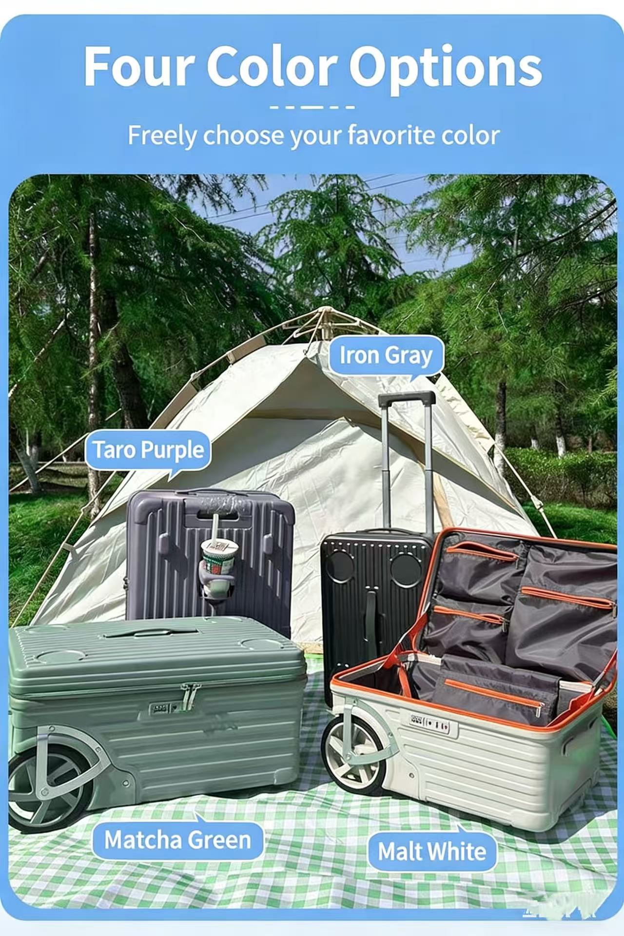PC Material Large Wheel Luggage, 20 Inches, 24 Inches, TSA Lock, Folding Cup Holder, Outdoor Travel Luggage With Phone Holder And USB Port, Portable Rolling Luggage