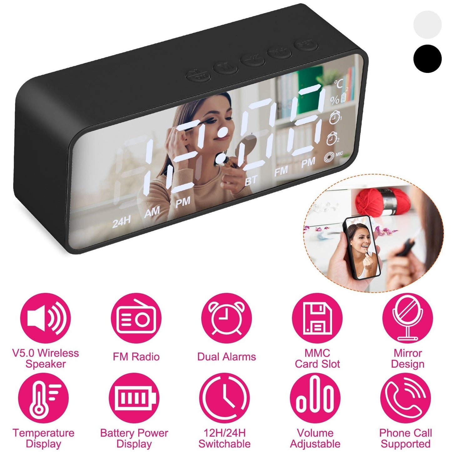 Mirror Digital Alarm Clock LED V5.0 Wireless Speaker Clock with FM Radio Temperature Display MMC Card Slot
