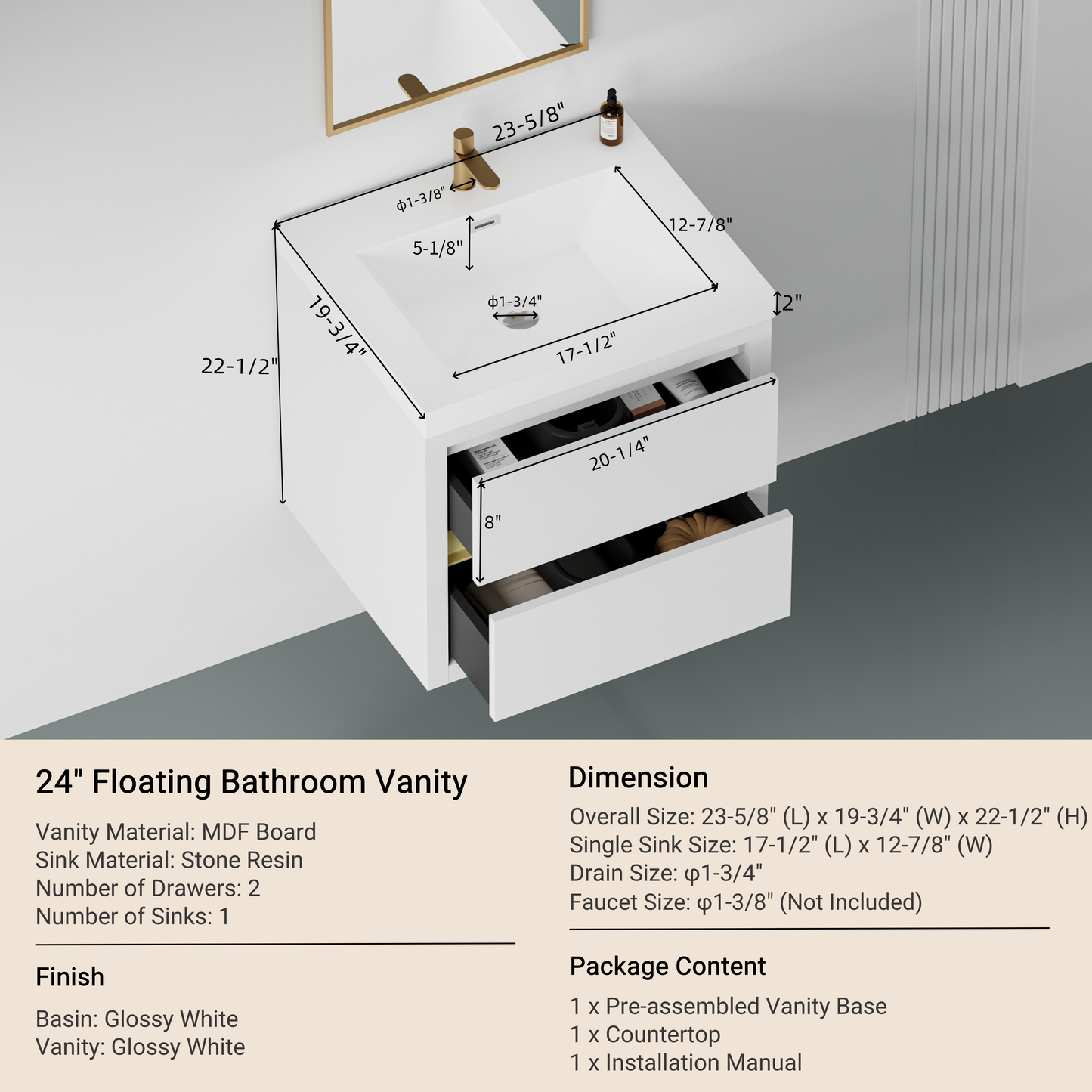 24" Wall-Mounted Bathroom Vanity with Sink and Storage Cabinet