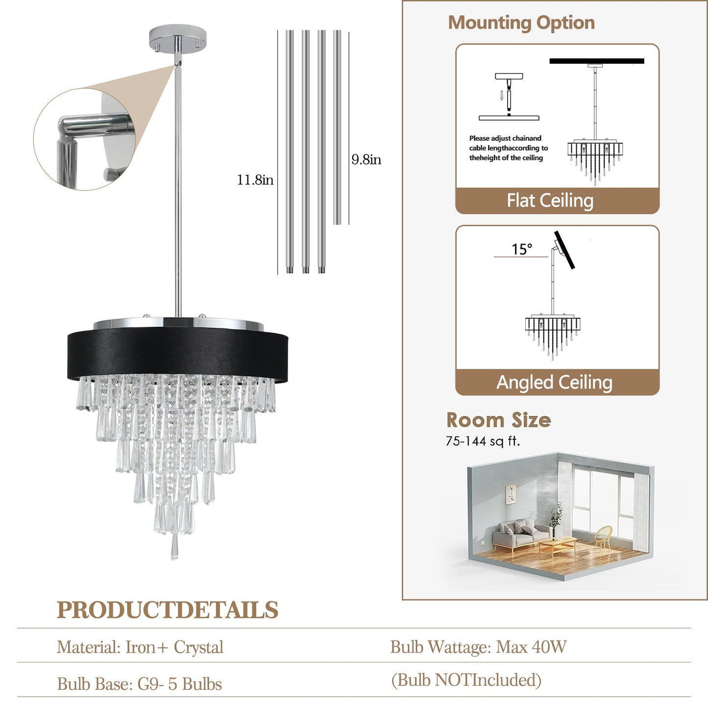 18-inch Modern Crystal Chandelier with Black Velvet Shade