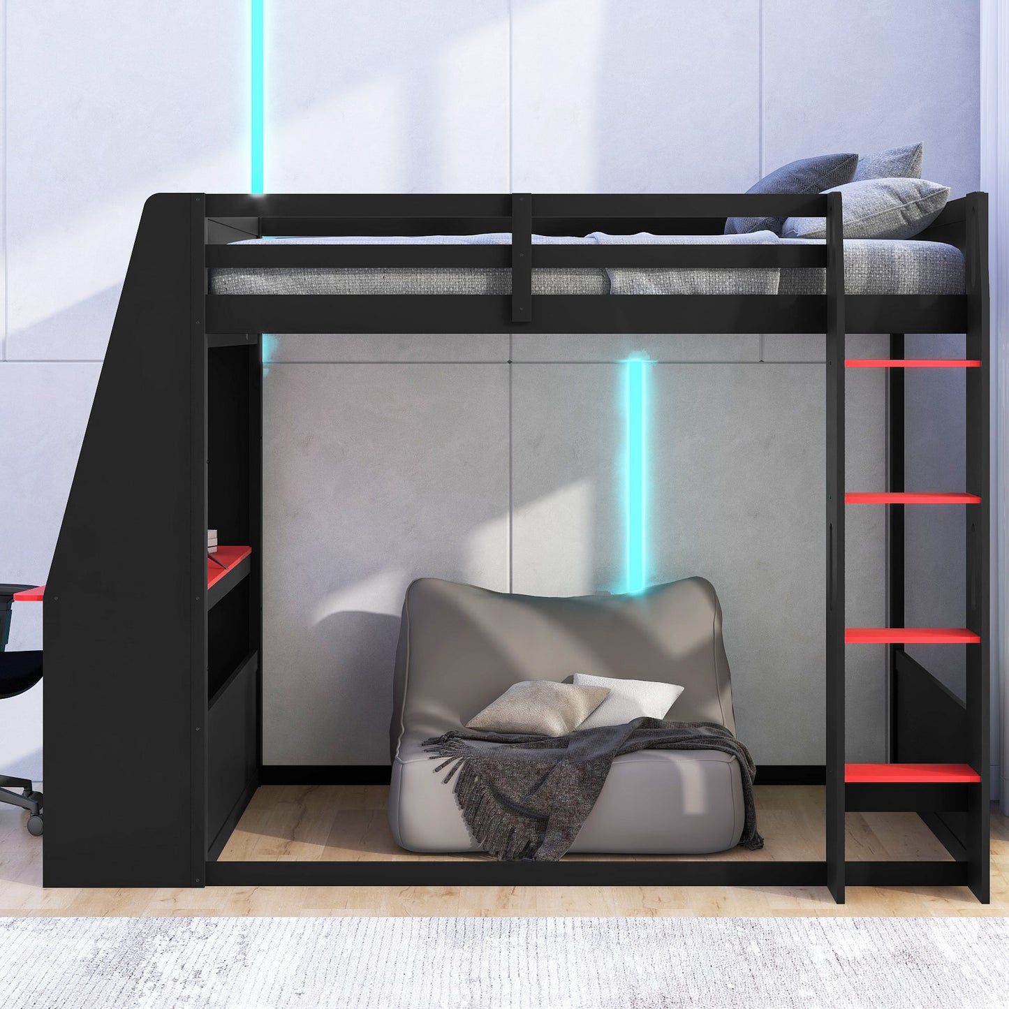 Full Size Wooden Gaming Bunk Bed with Desk, Two Storage Shelves, USB and LED Light