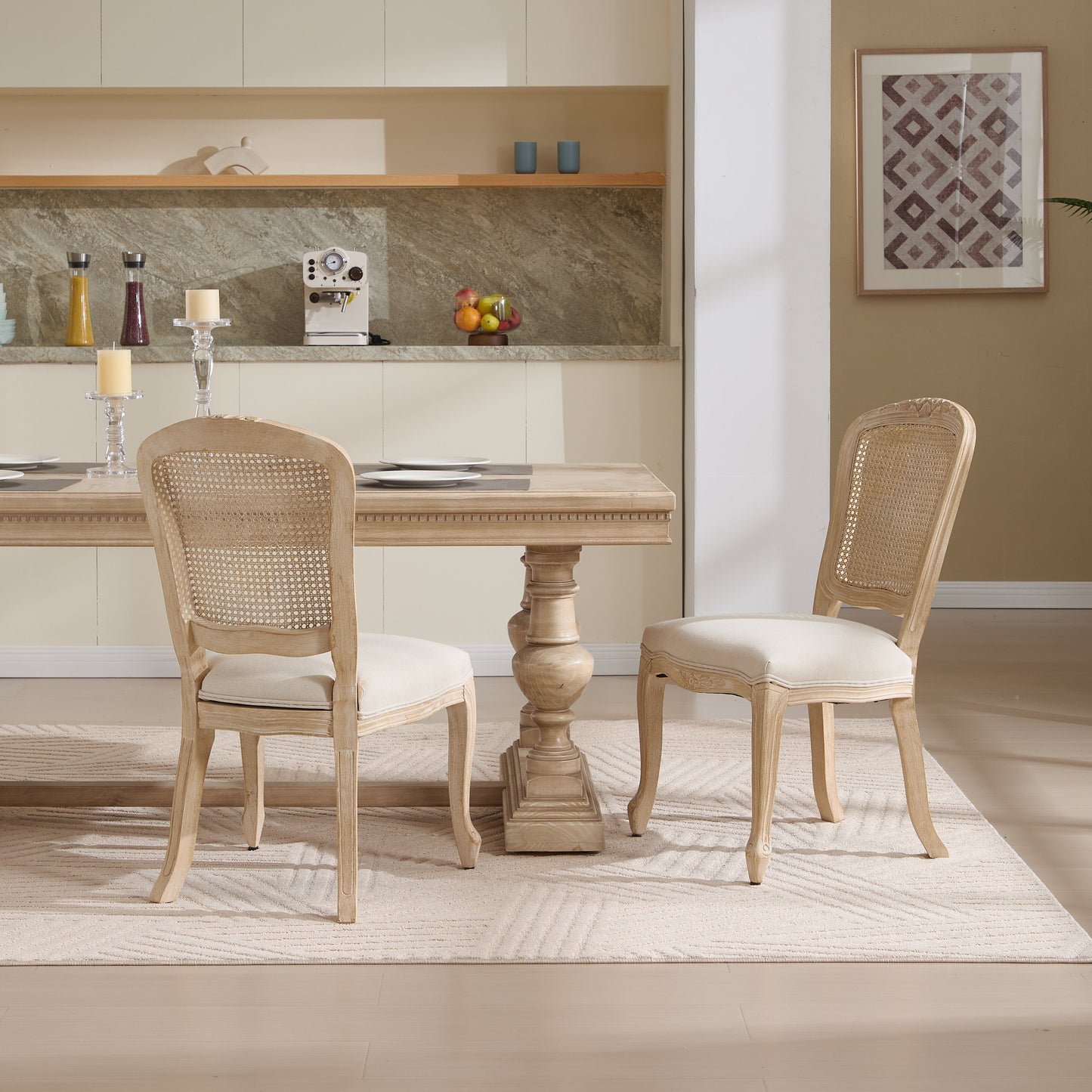 French Country Dining Chairs Set of 2, Upholstered with Rattan Fan-shaped Back