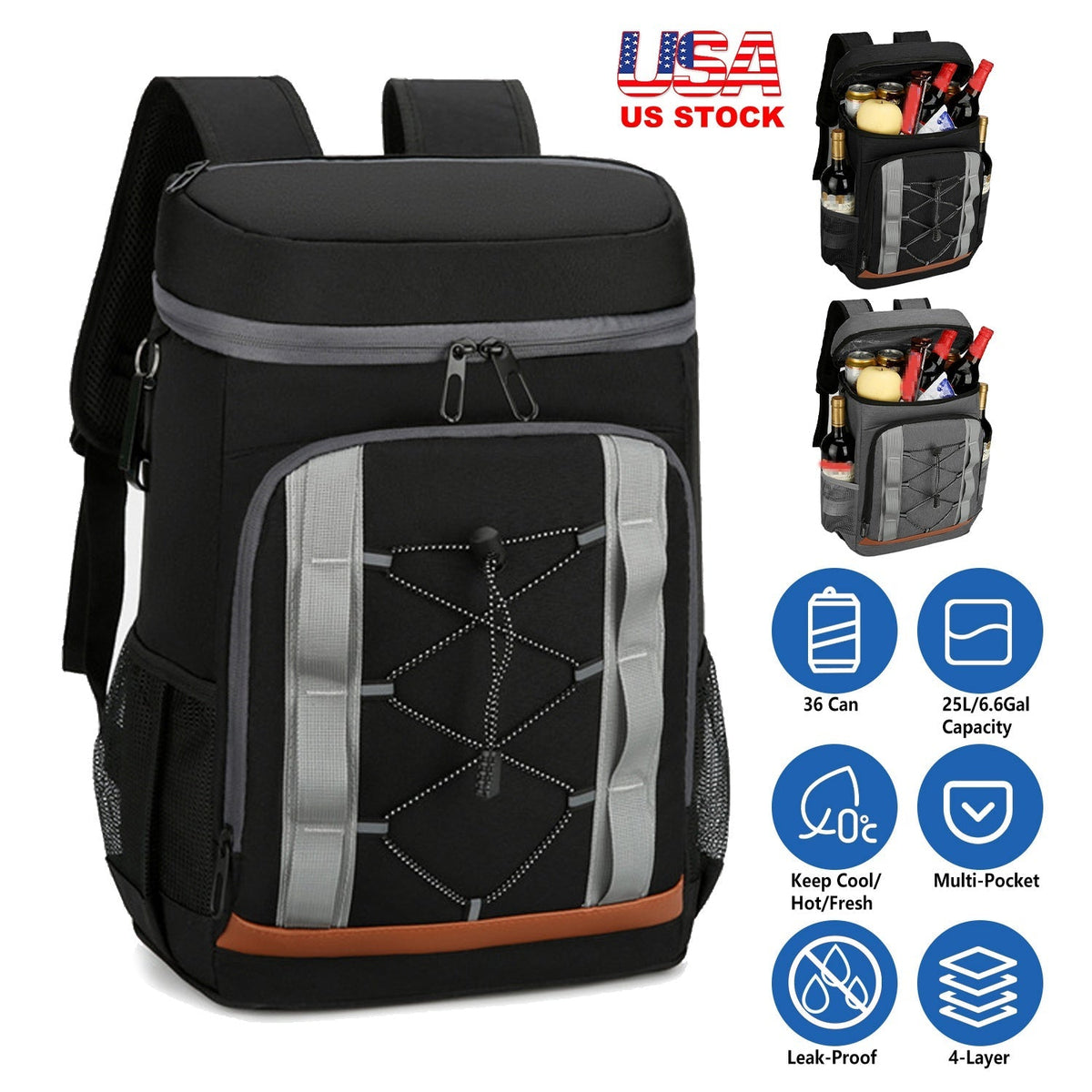 Cooler Backpack 36 Can Leakproof Insulated Cooler Backpack with 25L/6.6Gal for Picnic Camping BeachÊHiking Fishing Travel