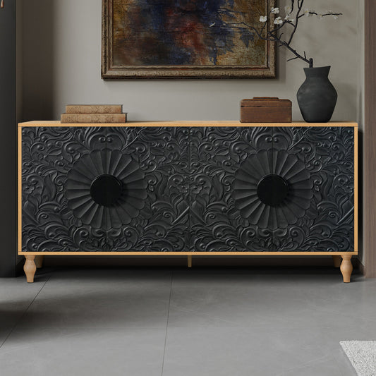 Black Carved Symmetrical Design Door And Wood Coloured Frame TV Stand