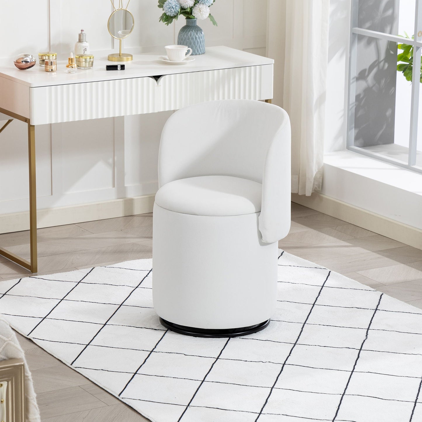 Barrel Chair With Built In Storage, 360° Swivel - Beige