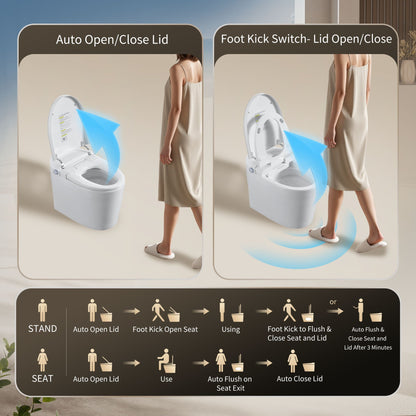 Tankless Smart Toilet With Bidet Built In, 1 Piece, Auto Flush, Auto Open / Close, Heated Seat, Bubble Wash, Warm Water And Dry, Adjustable Temp, Remote Control Side Know - White