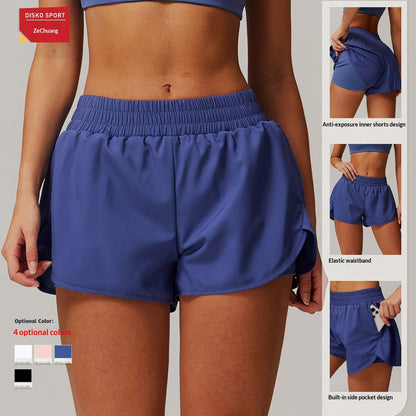 Zechuang Flap Pocket Pants Nude Quick-Drying Yoga Shorts Fake Two-Piece Sports Hip-Lifting Shorts Running Fitness Yoga Pants 4001
