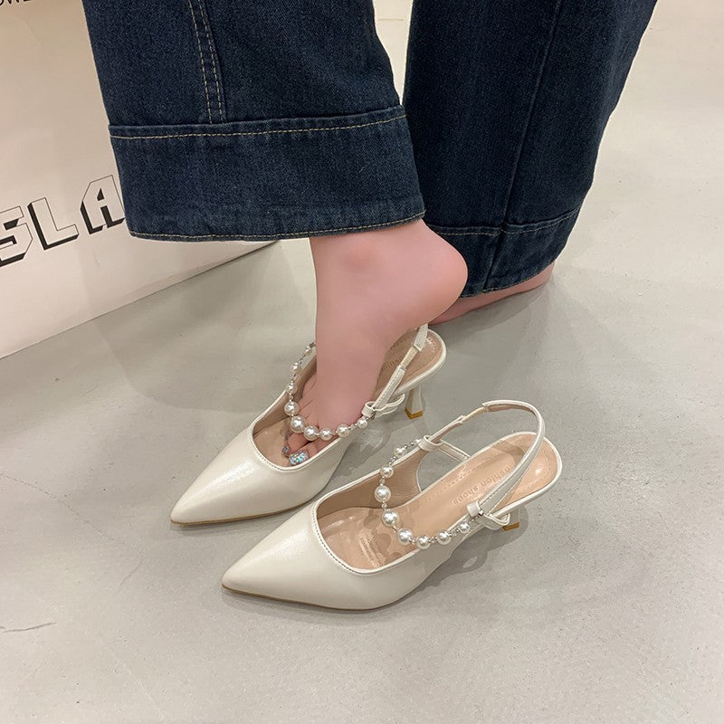 Women French Style Pearl Closed Toe Sandals, 2026 Summer New Pointed Toe Stiletto Backless High Heels, Fairy Style Single Shoes