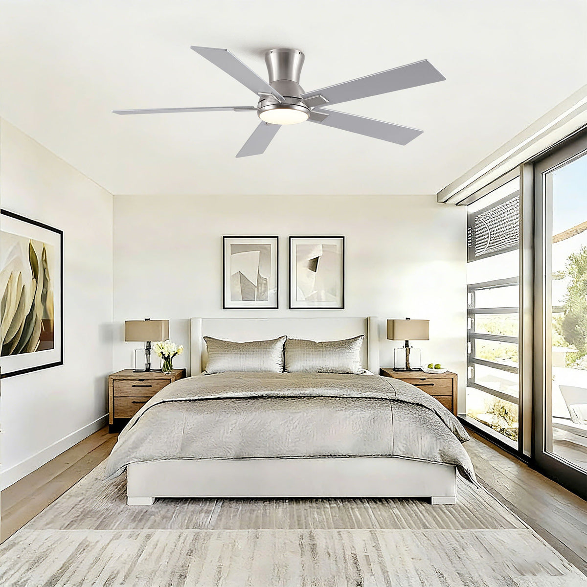 Low Profile Flush Mount Intergrated LED Ceiling Fan With Light And Reversible Quiet Motor