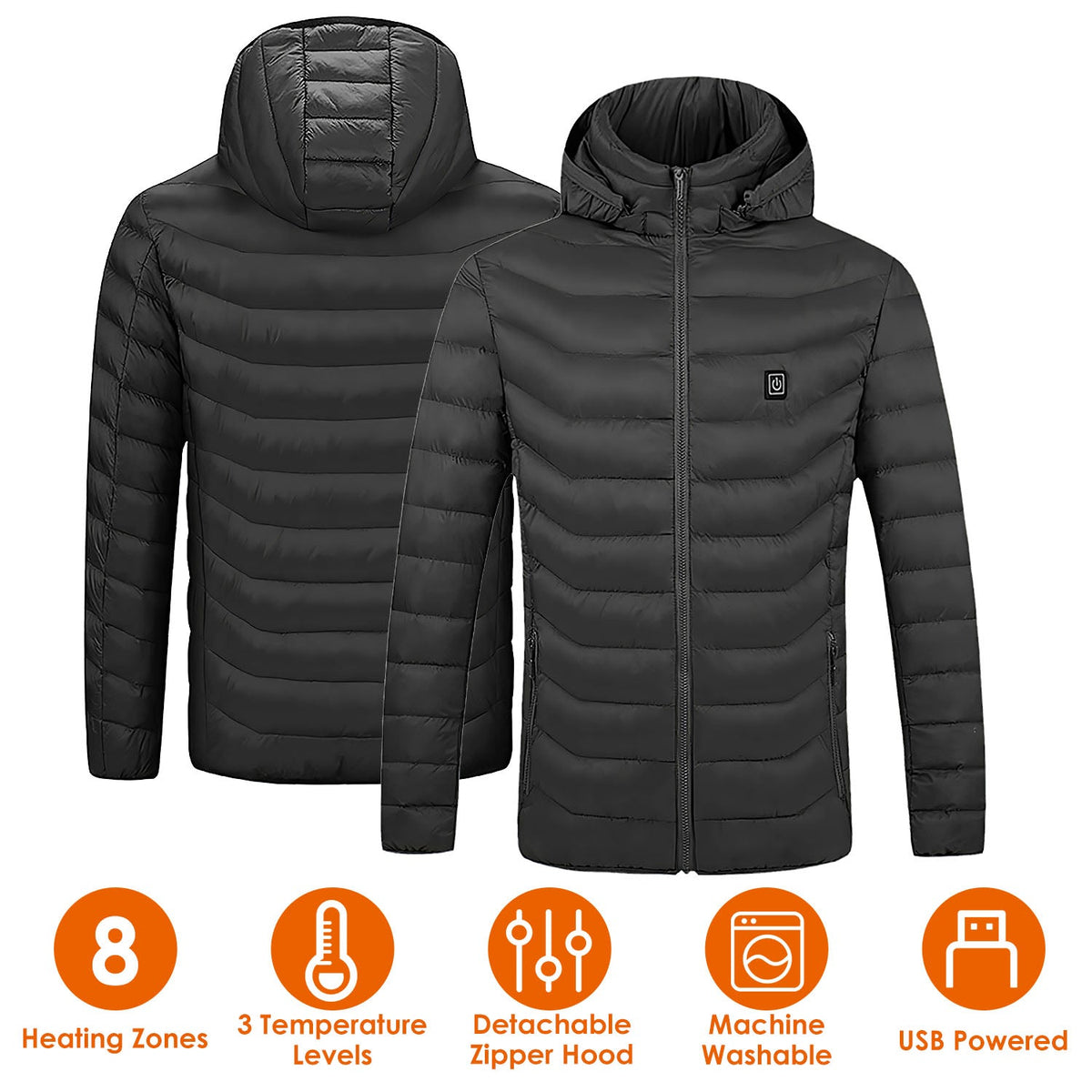 Heated Jacket with 8 Heating Zones & Detachable Hood
