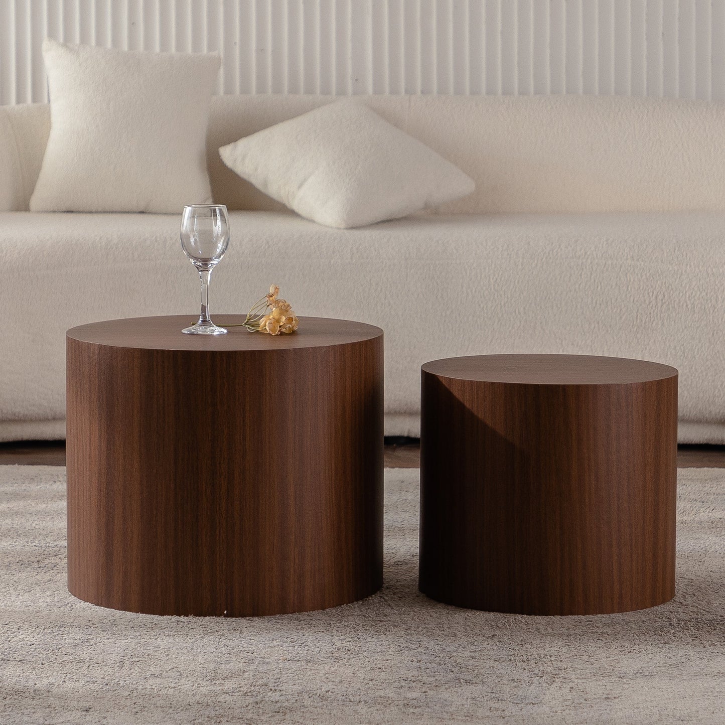 Nesting Coffee Table Set of 2 Round Wooden Tables