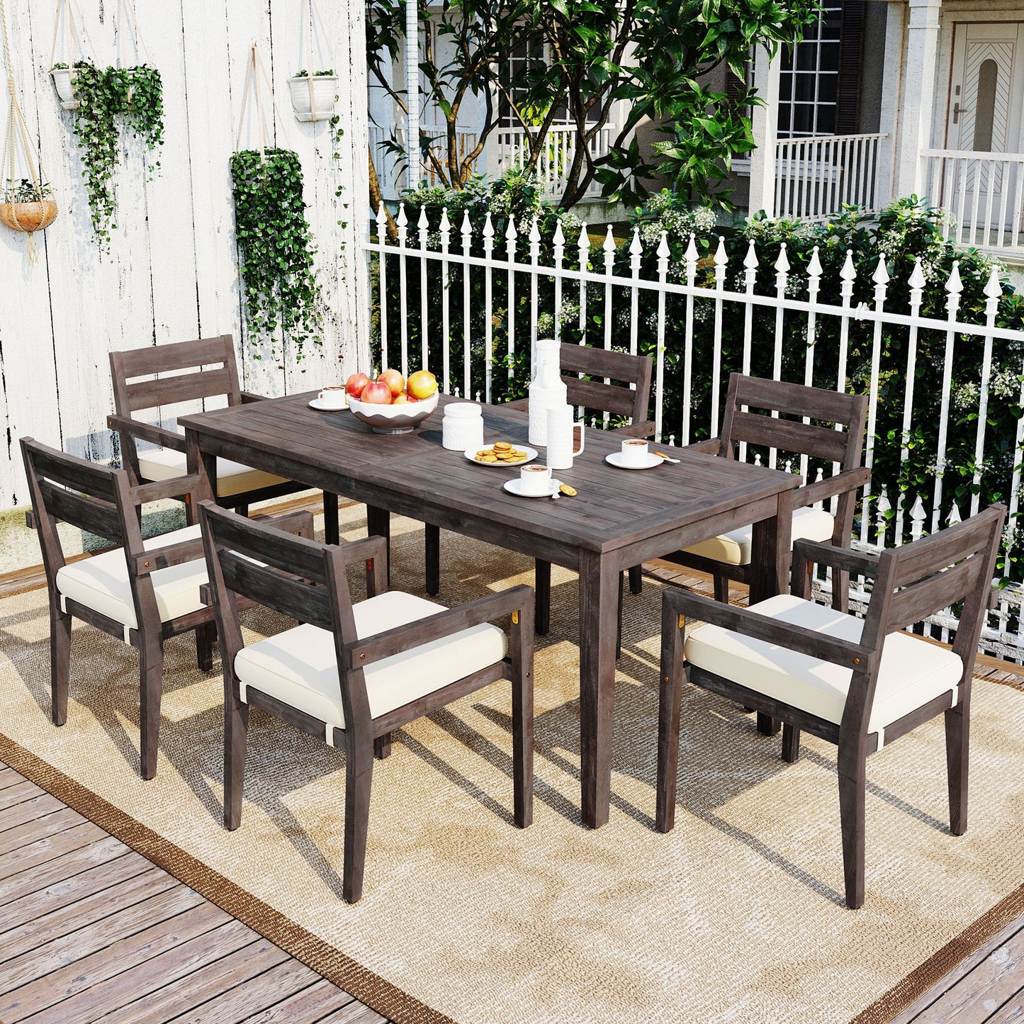 U_Style 7 Pieces Acacia Wood Outdoor Dining Set with Cushions